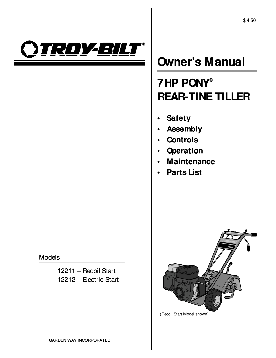 Troy-Bilt owner manual Owner’s Manual, 7HP PONY REAR-TINE TILLER, Models 12211 - Recoil Start 12212 - Electric Start 
