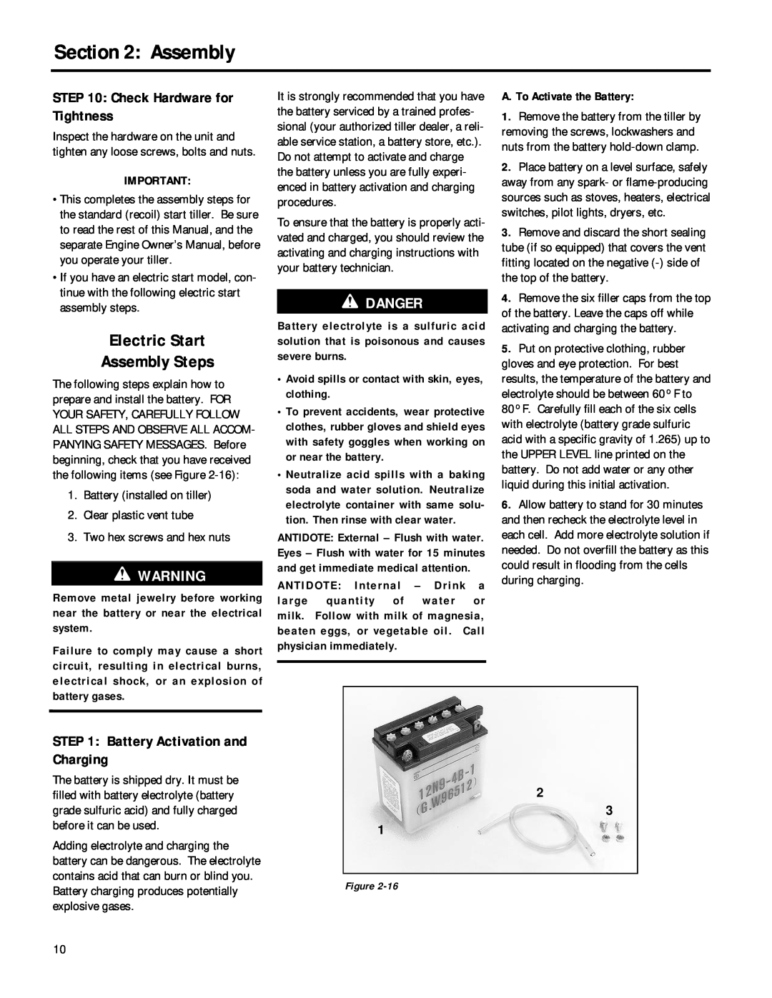 Troy-Bilt 12212 Electric Start Assembly Steps, Danger, Check Hardware for Tightness, Battery Activation and Charging 