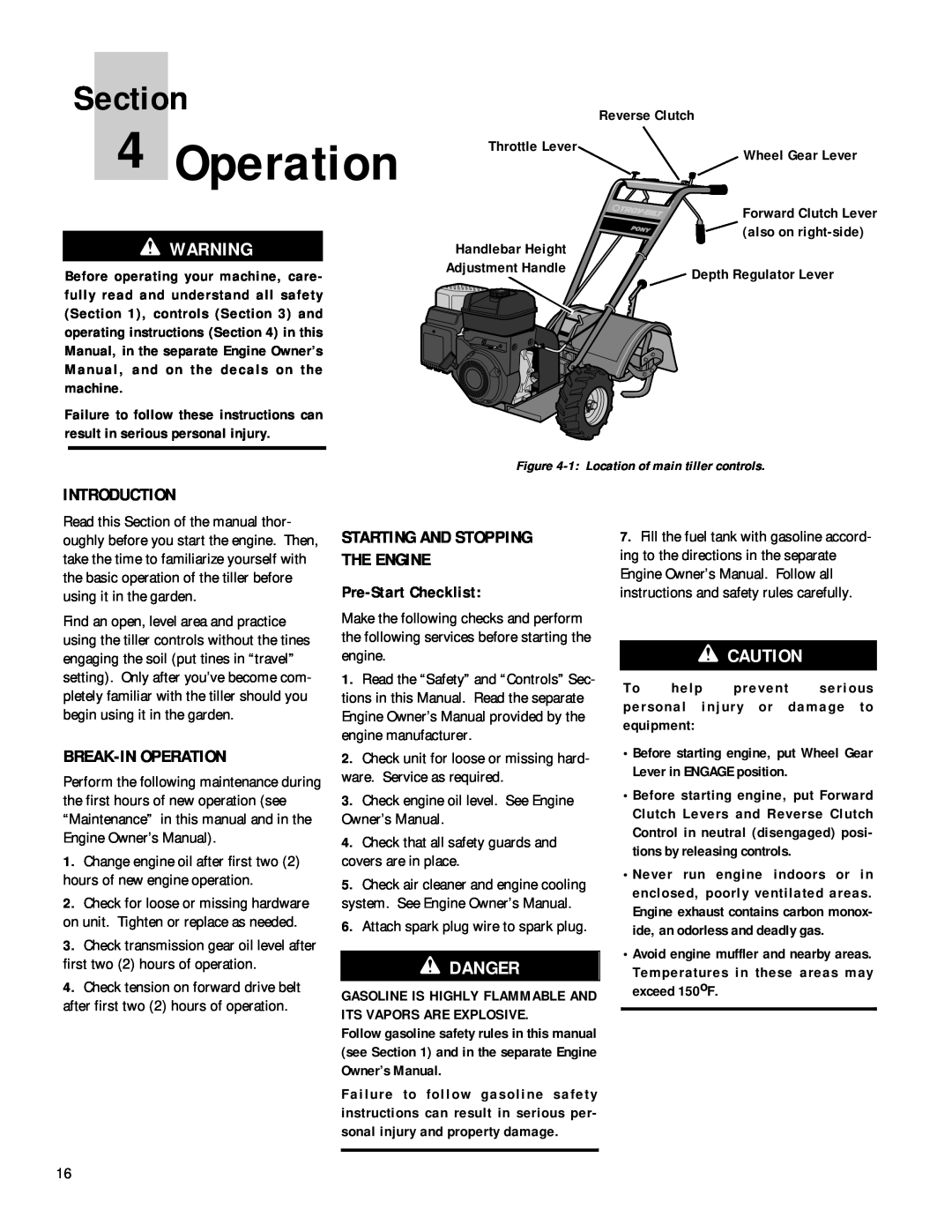 Troy-Bilt 12212 Introduction, Break-In Operation, Starting And Stopping The Engine, Pre-Start Checklist, Section 