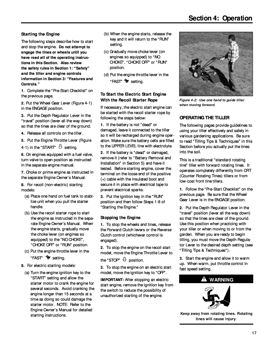 Troy-Bilt 12211, 12212 owner manual Operation, Operating The Tiller, Starting the Engine, Stopping the Engine 