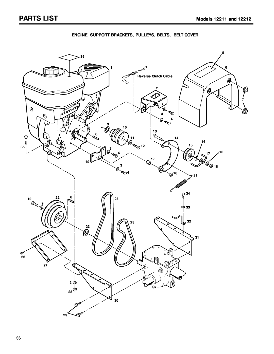 Troy-Bilt 12212 Engine, Support Brackets, Pulleys, Belts, Belt Cover, Parts List, Models 12211 and, Reverse Clutch Cable 