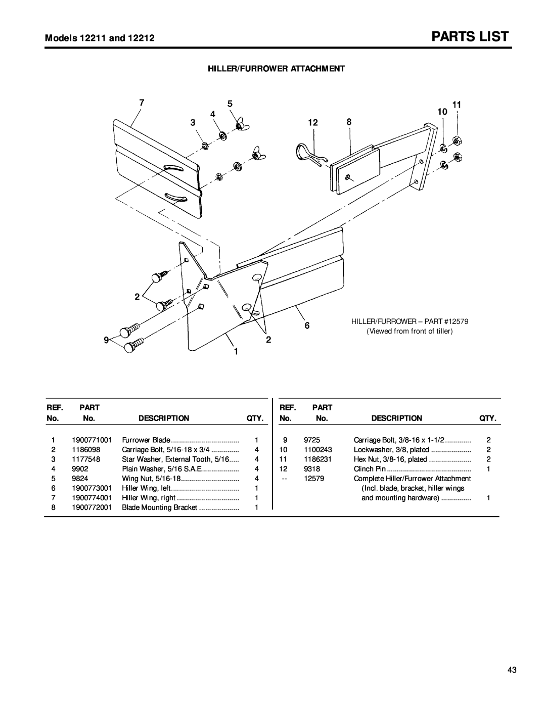 Troy-Bilt 12212 owner manual Hiller/Furrower Attachment, Parts List, Models 12211 and, Description 
