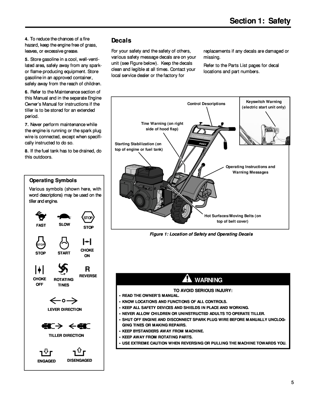 Troy-Bilt 12211, 12212 owner manual Operating Symbols, Location of Safety and Operating Decals, To Avoid Serious Injury 