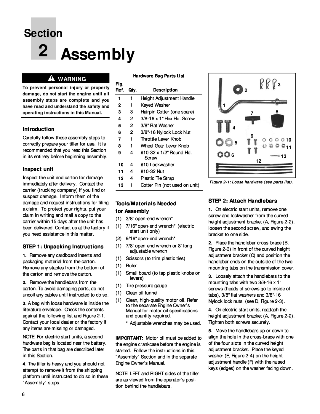Troy-Bilt 12212 Assembly, Introduction, Inspect unit, Attach Handlebars, Unpacking Instructions, Hardware Bag Parts List 
