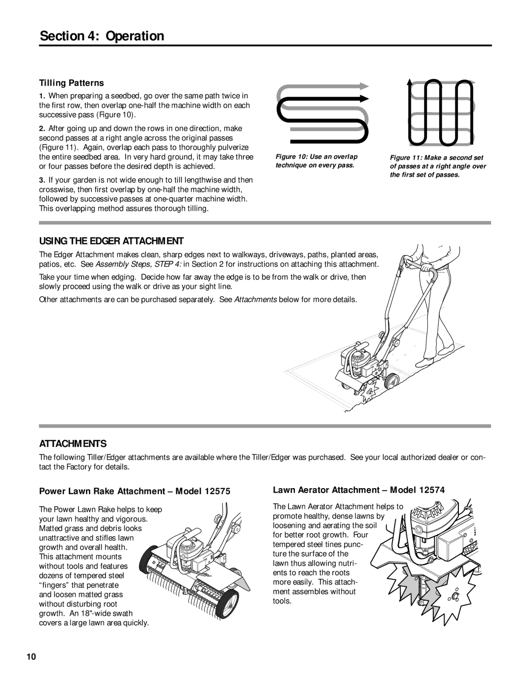 Troy-Bilt 12215 owner manual Using the Edger Attachment, Attachments, Tilling Patterns, Power Lawn Rake Attachment Model 