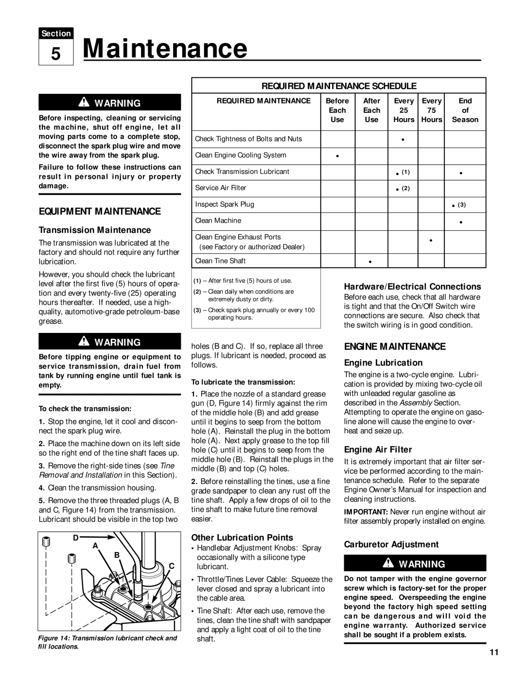 Troy-Bilt 12215 owner manual Equipment Maintenance, Engine Maintenance 