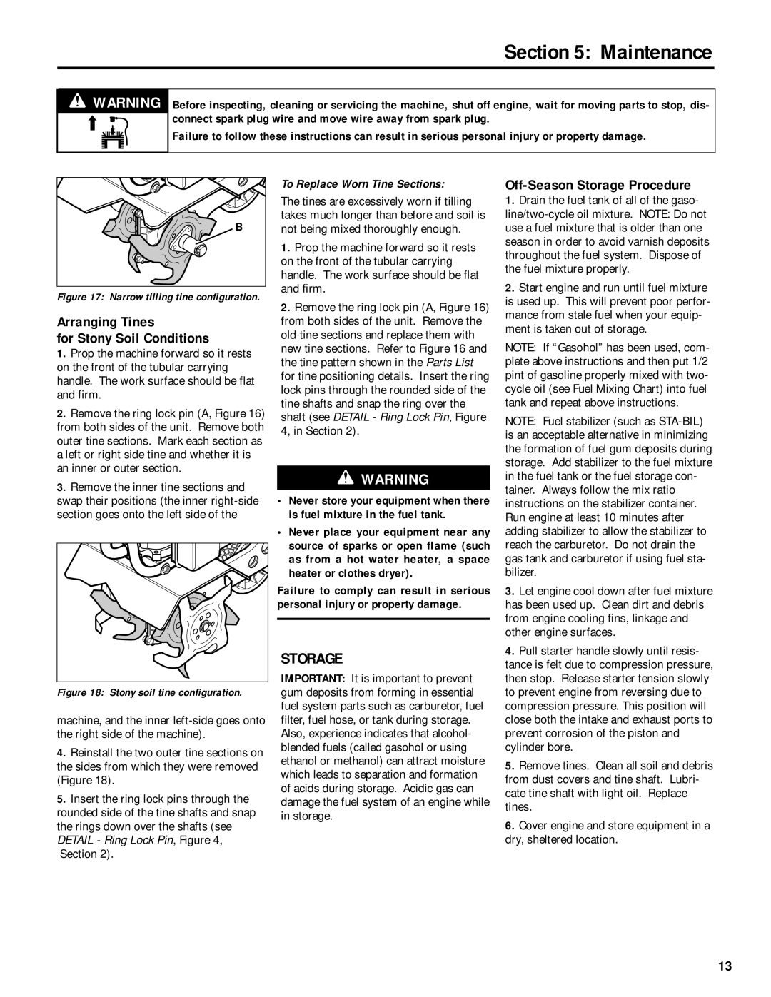 Troy-Bilt 12215 owner manual Arranging Tines For Stony Soil Conditions, Off-Season Storage Procedure 