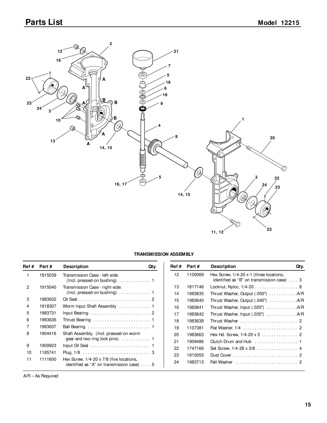 Troy-Bilt 12215 owner manual Parts List, Ref # Description 