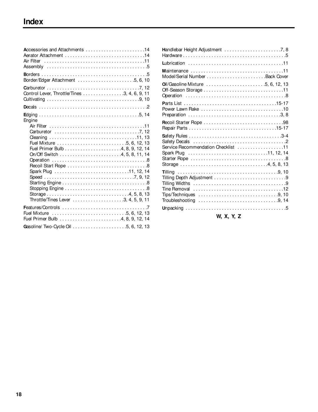 Troy-Bilt 12215 Index, Y, Z, Engine Recoil Starter Rope, Repair Parts 15-17 Carburetor Safety Rules, Fuel Primer Bulb 