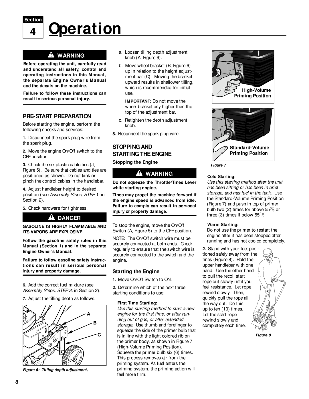 Troy-Bilt 12215 owner manual Operation, PRE-START Preparation, Stopping Starting the Engine 