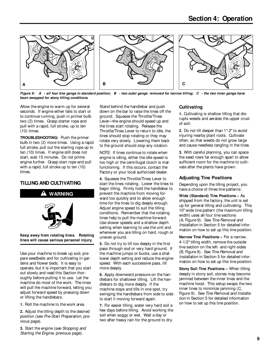 Troy-Bilt 12215 owner manual Operation, Tilling and Cultivating, Adjusting Tine Positions 