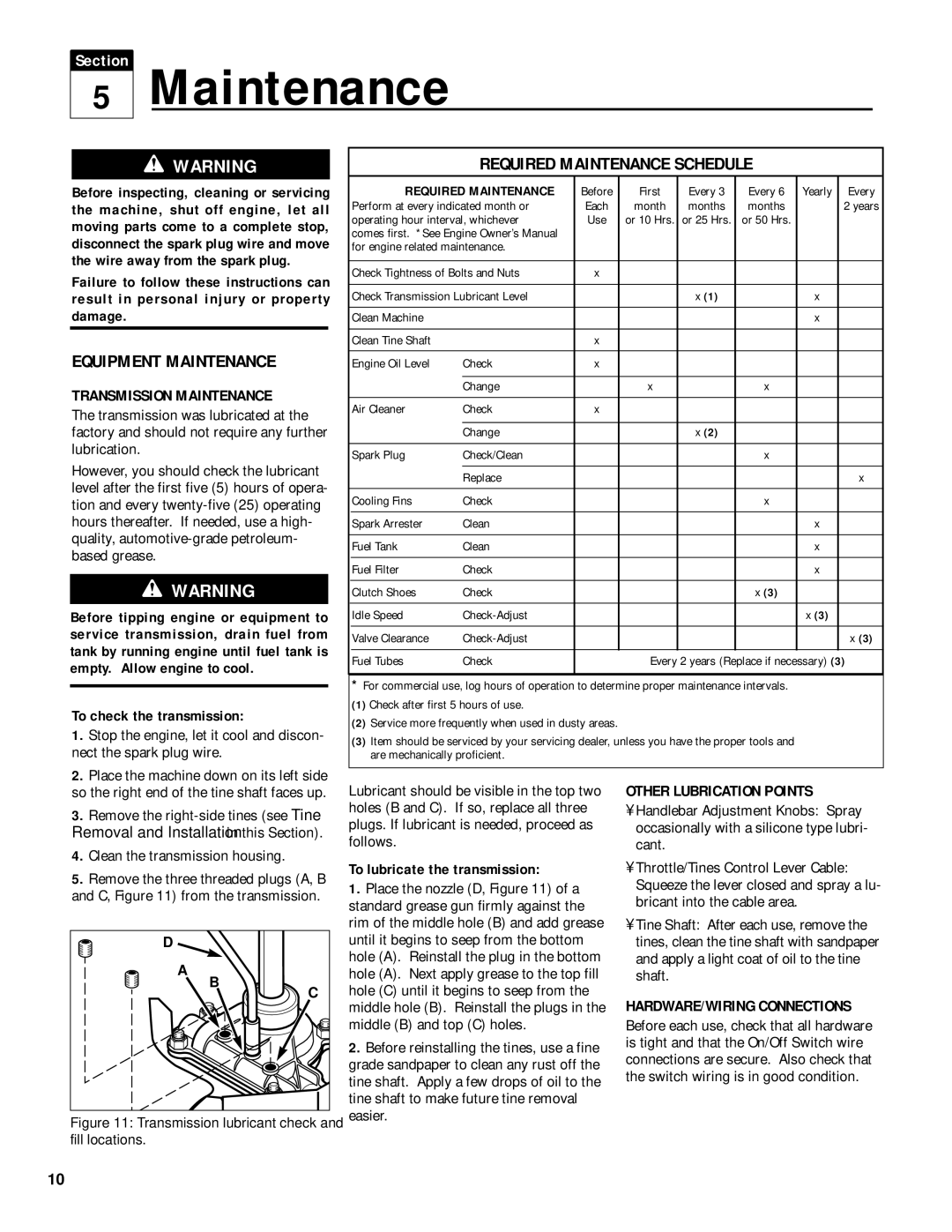 Troy-Bilt 12234 owner manual Equipment Maintenance, Required Maintenance Schedule 