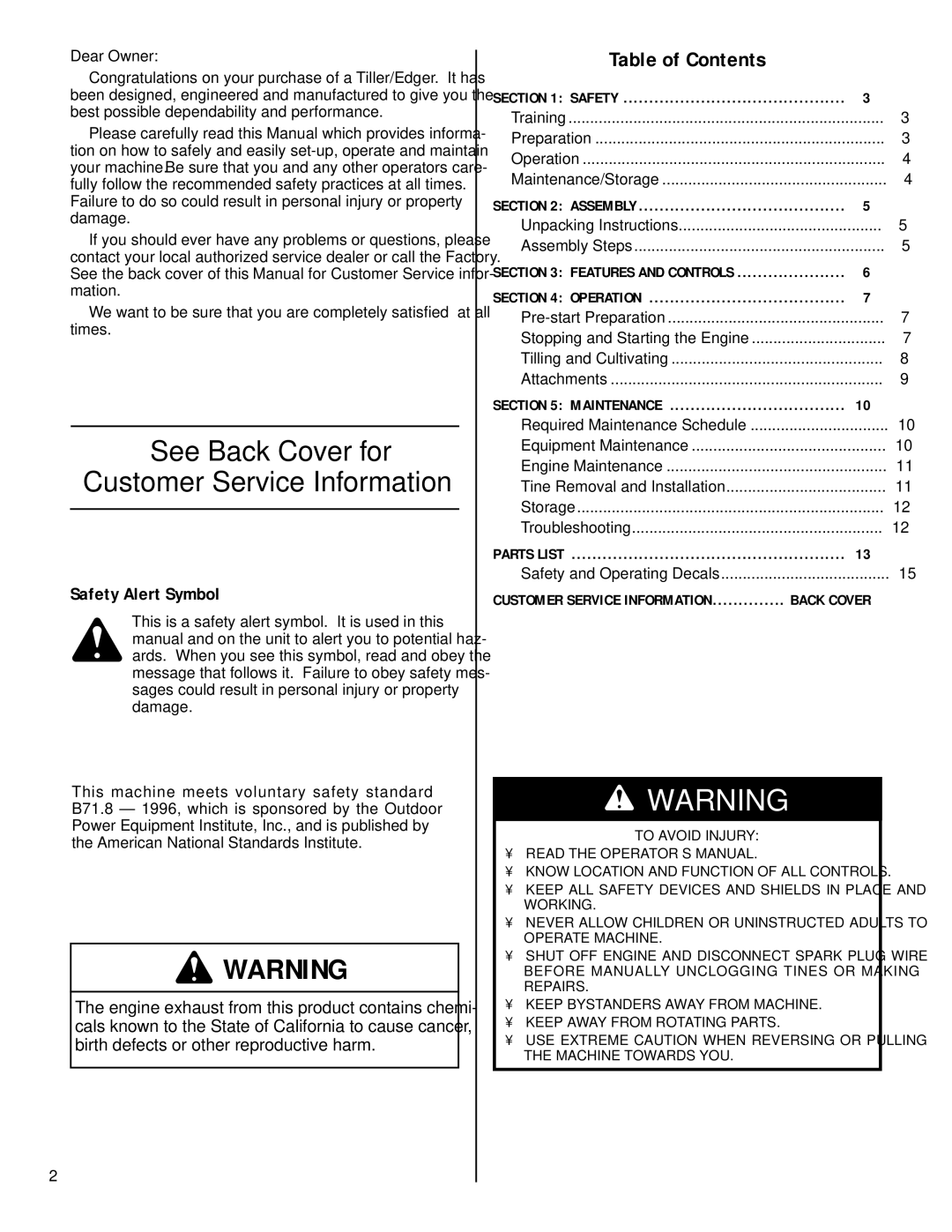 Troy-Bilt 12234 owner manual See Back Cover for Customer Service Information 