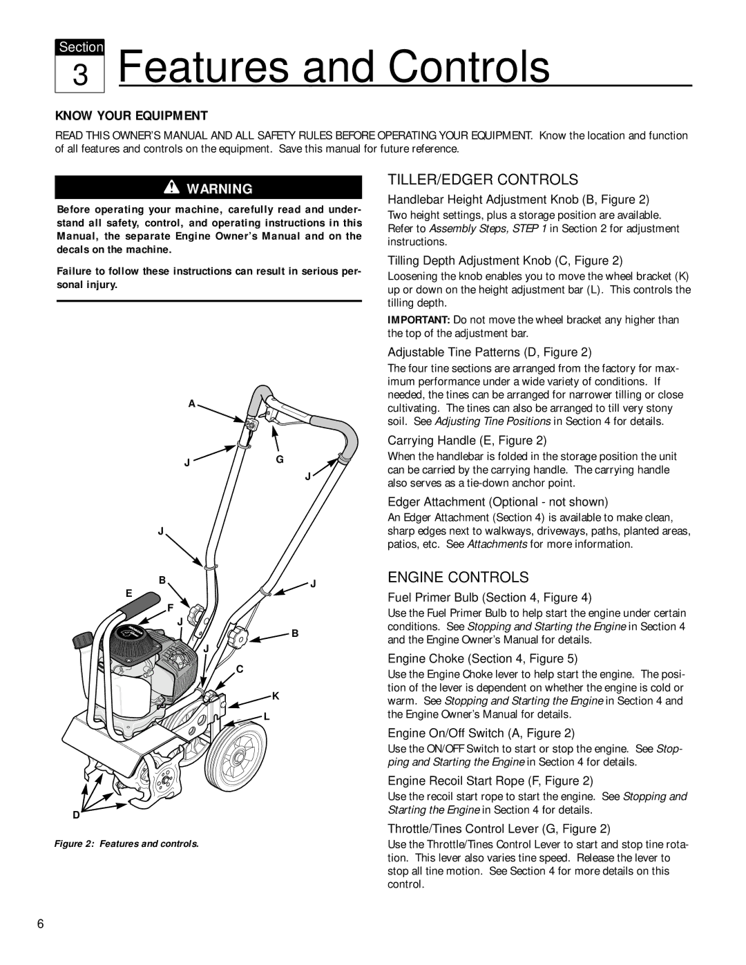 Troy-Bilt 12234 owner manual Features and Controls, Know Your Equipment, TILLER/EDGER Controls, Engine Controls 