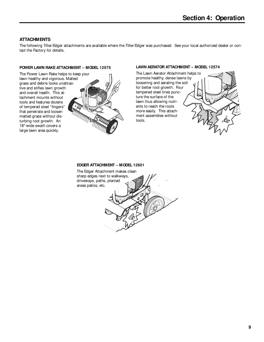 Troy-Bilt 12234 Attachments, Power Lawn Rake Attachment Model, Lawn Aerator Attachment Model, Edger Attachment Model 