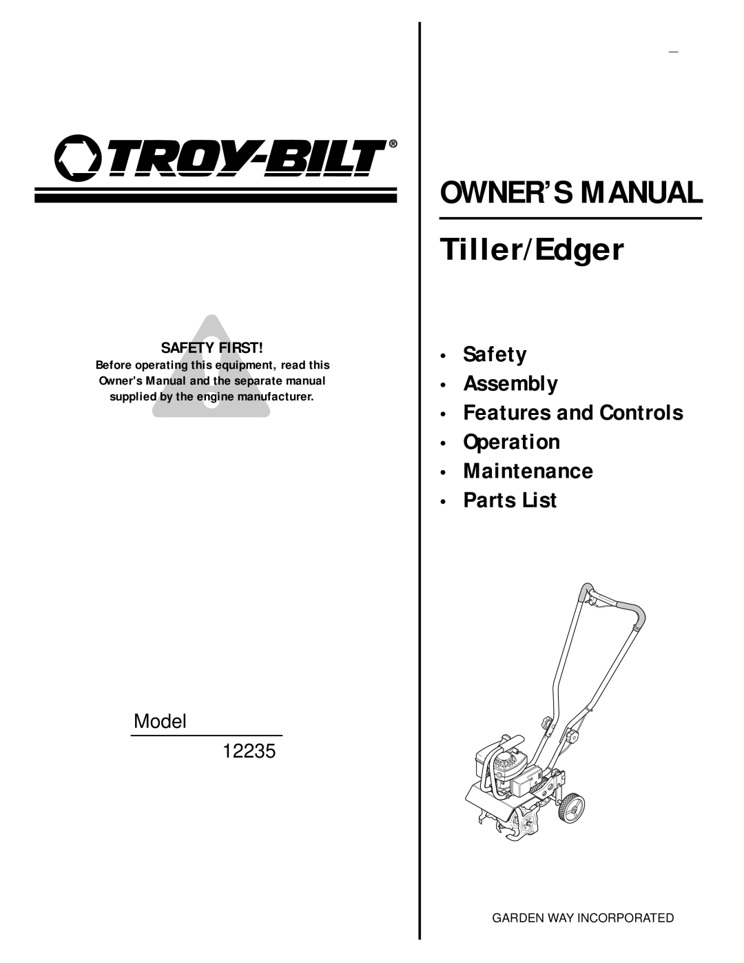 Troy-Bilt 12235 owner manual Tiller/Edger 