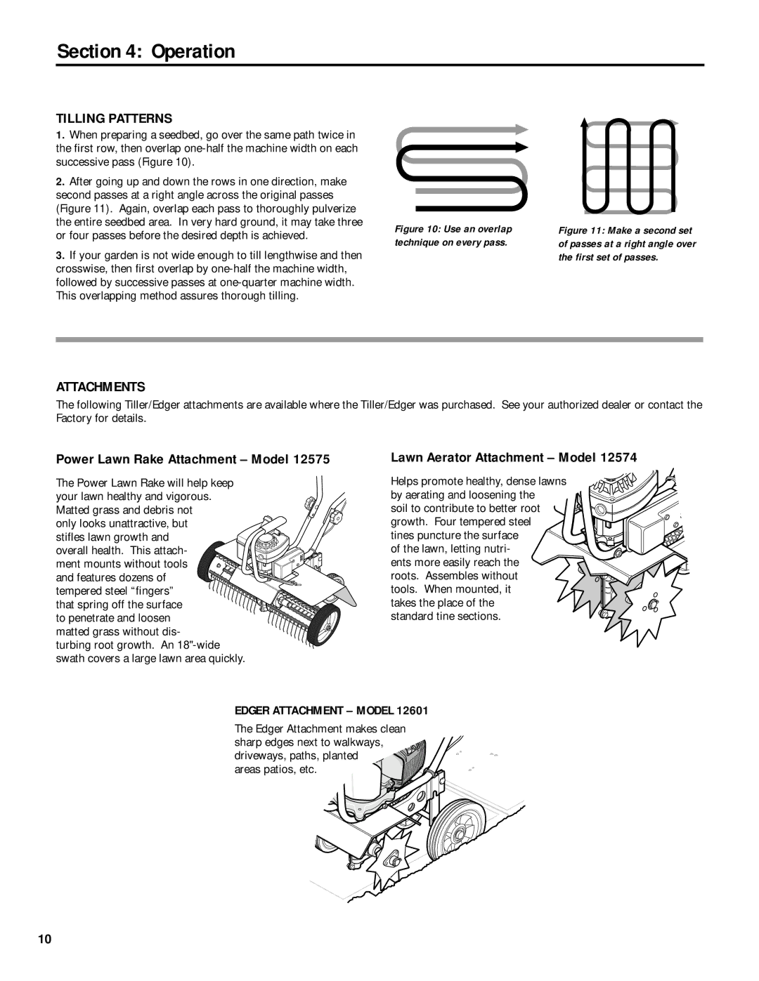 Troy-Bilt 12235 owner manual Tilling Patterns, Attachments, Power Lawn Rake Attachment Model, Lawn Aerator Attachment Model 