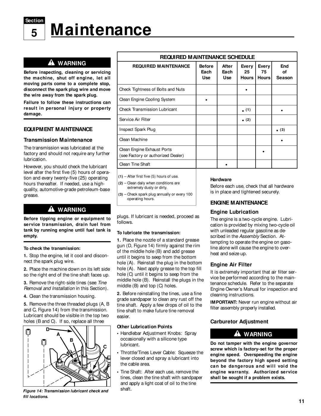 Troy-Bilt 12235 owner manual Equipment Maintenance, Required Maintenance Schedule, Engine Maintenance 