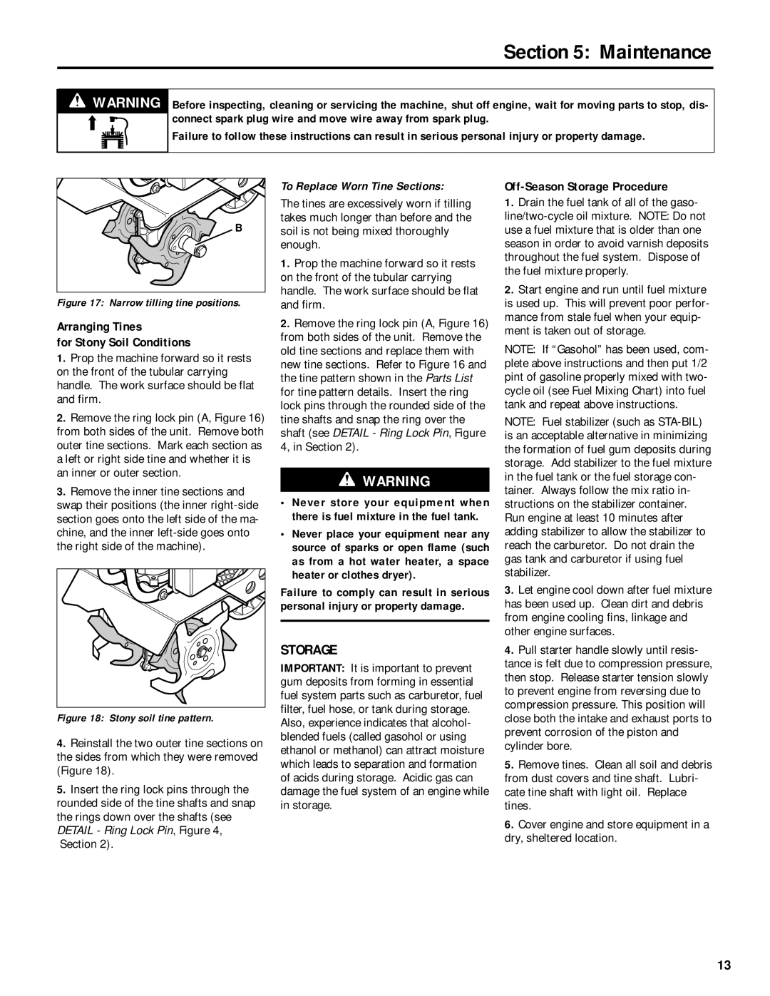 Troy-Bilt 12235 owner manual Arranging Tines For Stony Soil Conditions, Off-Season Storage Procedure 