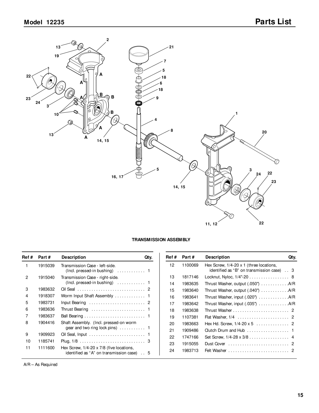 Troy-Bilt 12235 owner manual Parts List, Ref # Description Qty 