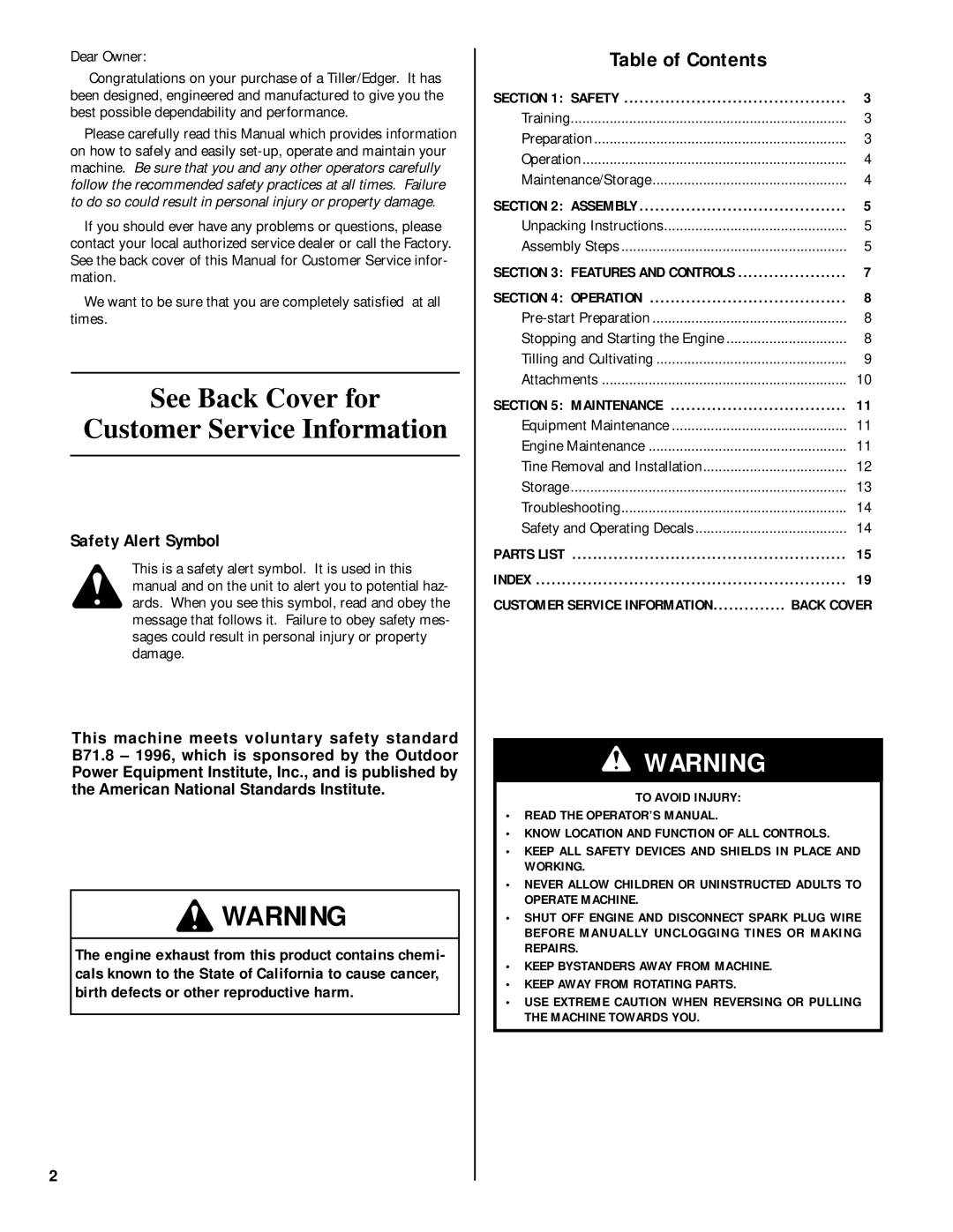 Troy-Bilt 12235 owner manual See Back Cover for Customer Service Information 