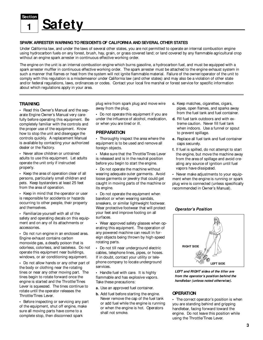 Troy-Bilt 12235 owner manual Safety, Training, Preparation, Operation 