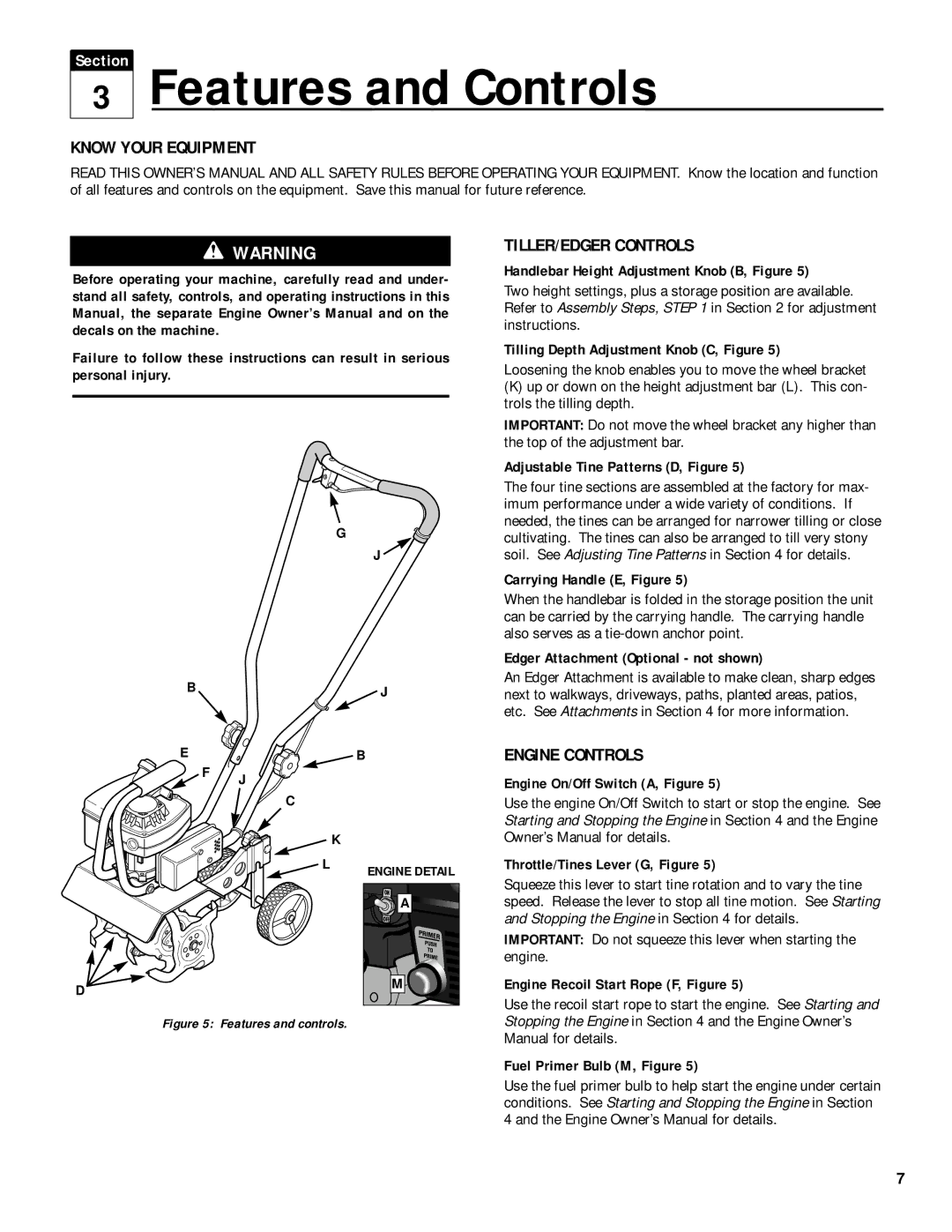 Troy-Bilt 12235 owner manual Features and Controls, Know Your Equipment, TILLER/EDGER Controls, Engine Controls 