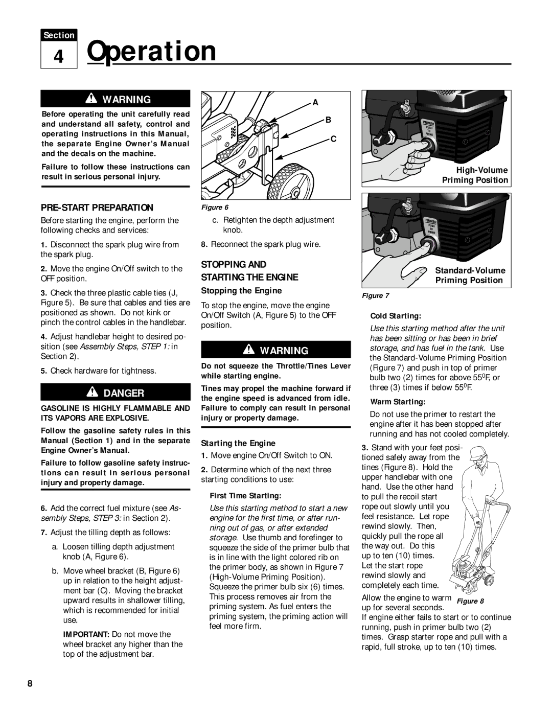 Troy-Bilt 12235 owner manual Operation, PRE-START Preparation, Stopping Starting the Engine 