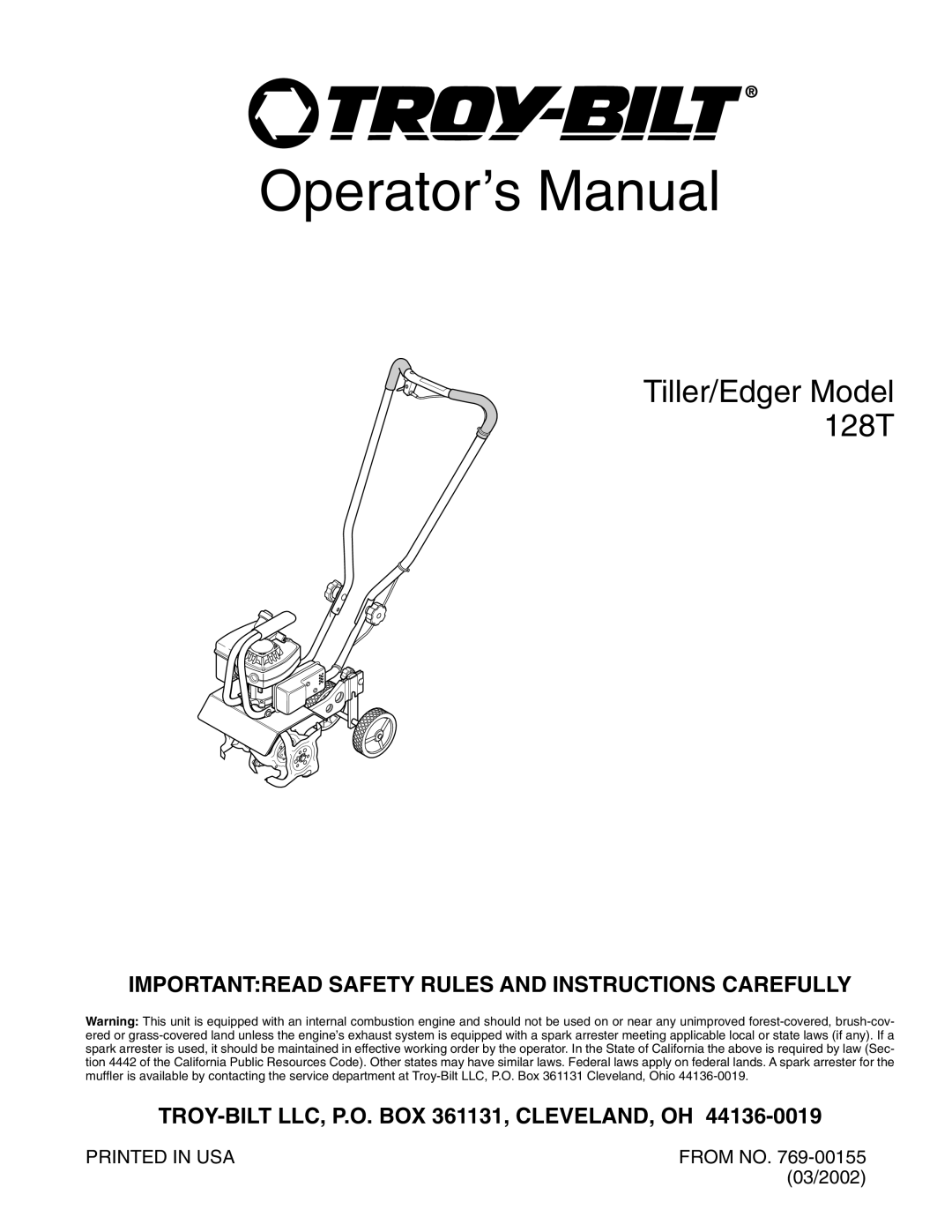 Troy-Bilt 128T manual Operator’s Manual 