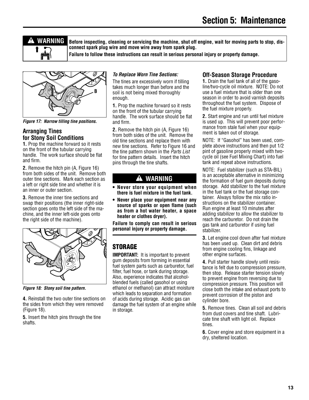 Troy-Bilt 128T manual Arranging Tines For Stony Soil Conditions, Off-Season Storage Procedure 