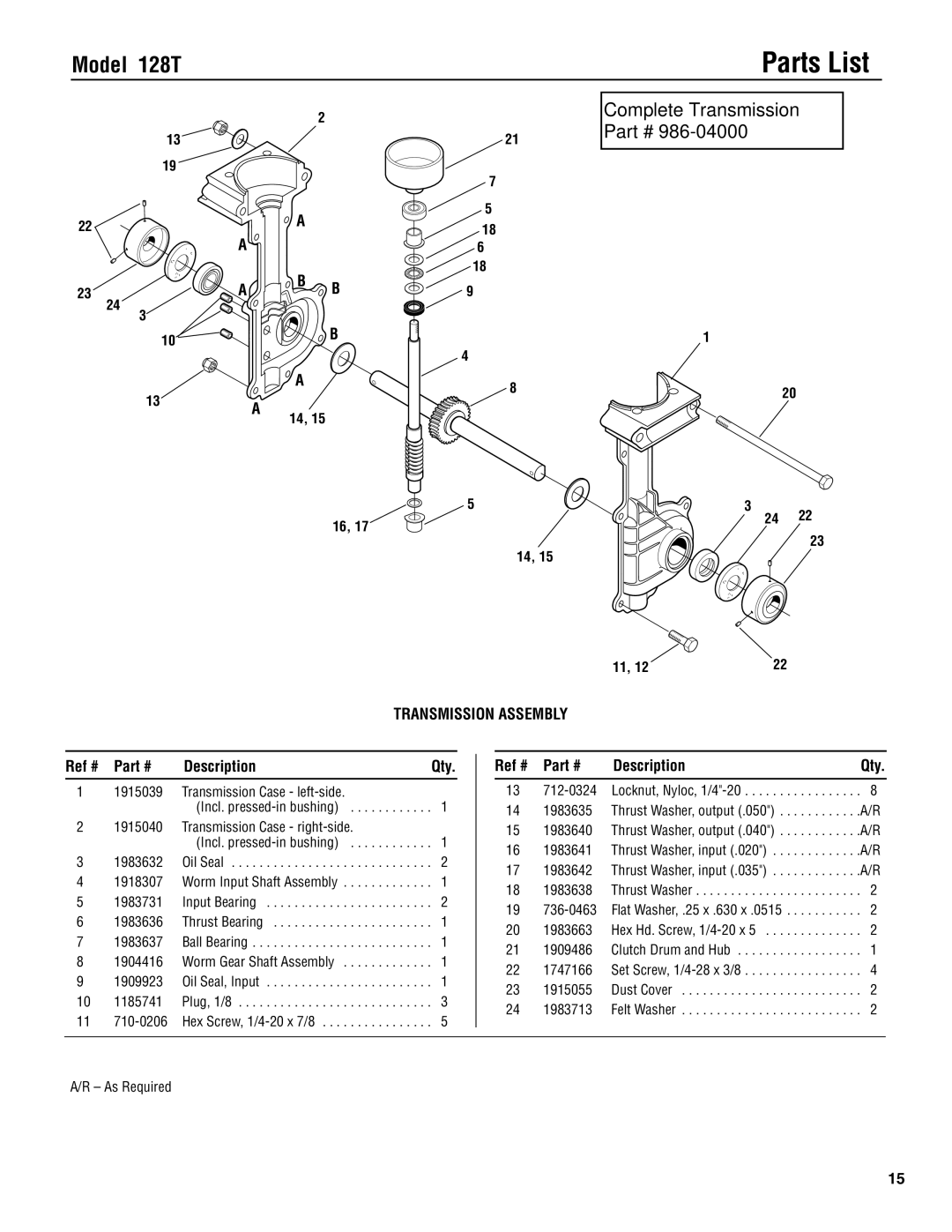 Troy-Bilt 128T manual Parts List, Ref # Description 