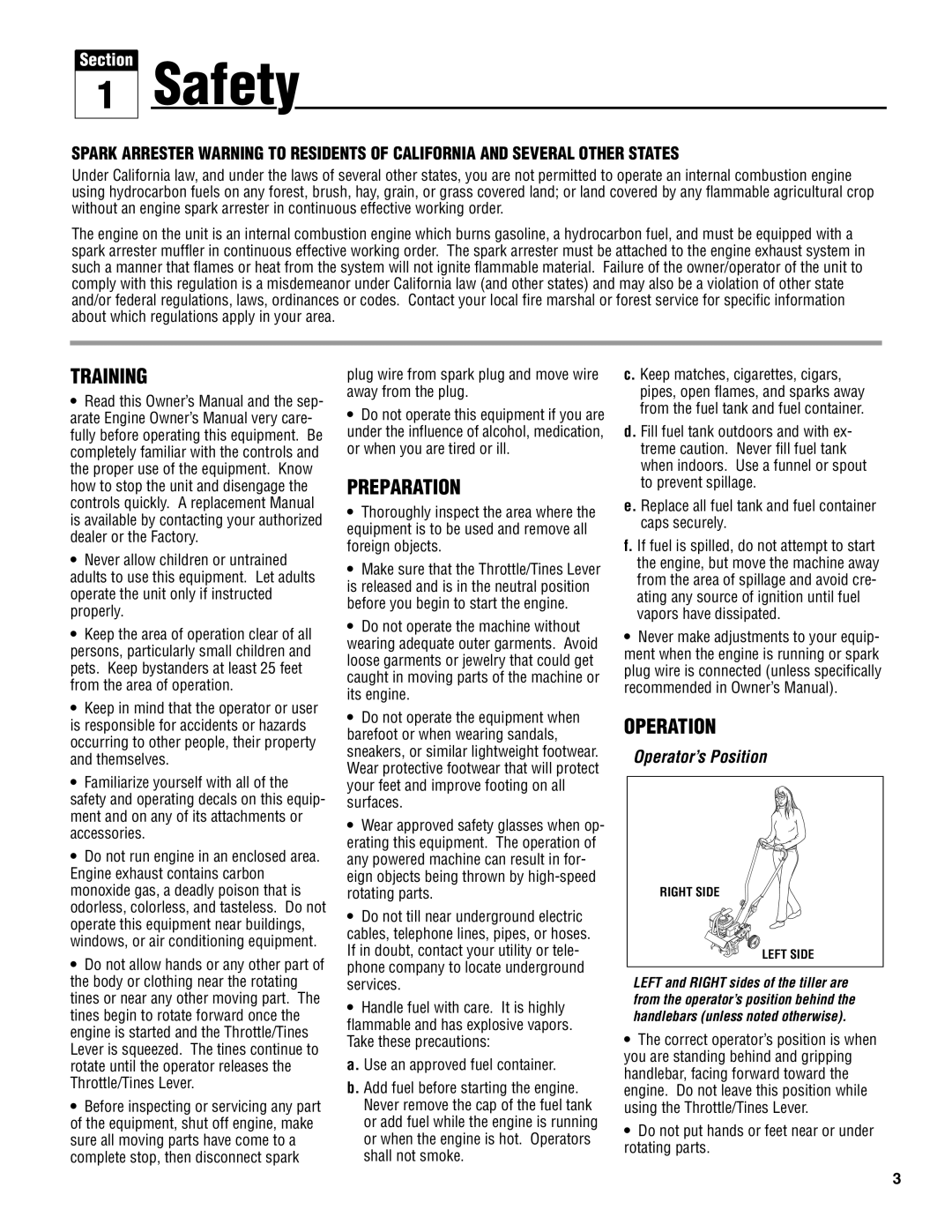 Troy-Bilt 128T manual Safety, Training, Preparation, Operation 