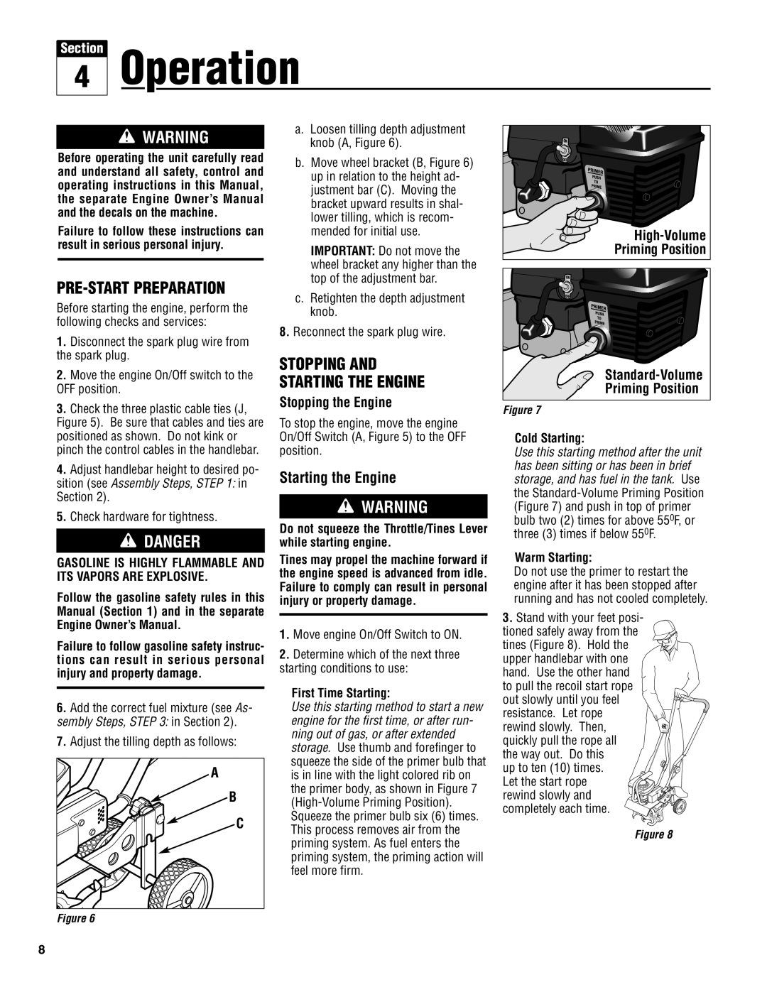 Troy-Bilt 128T manual Operation, PRE-START Preparation, Stopping Starting the Engine 