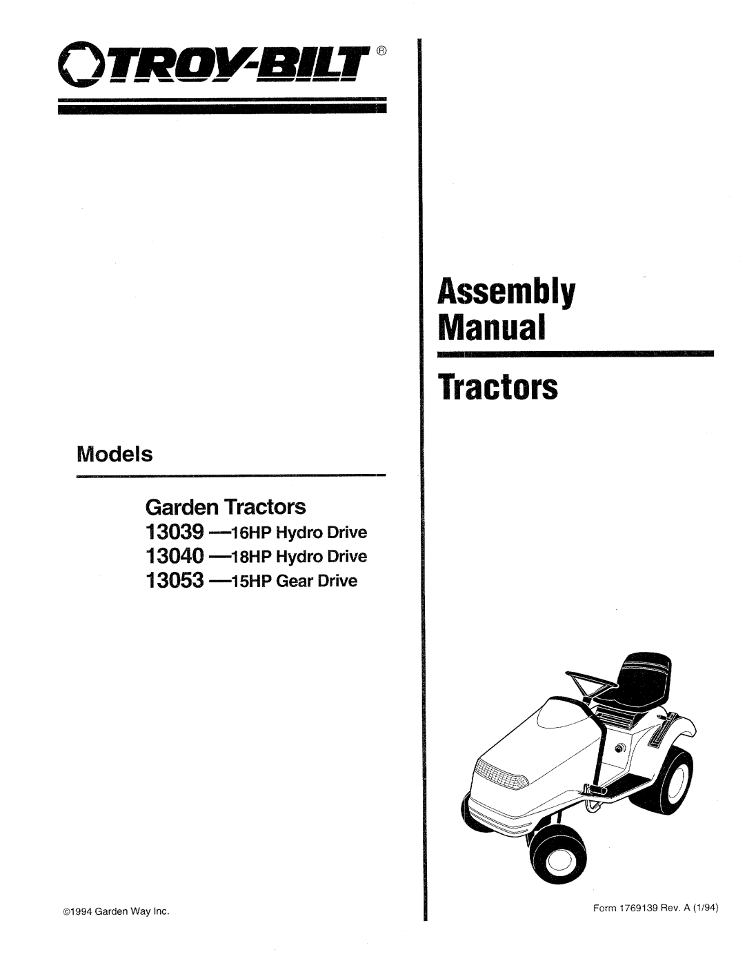 Troy-Bilt 13053-15HP, 13040-18HP, 13039-16HP manual 