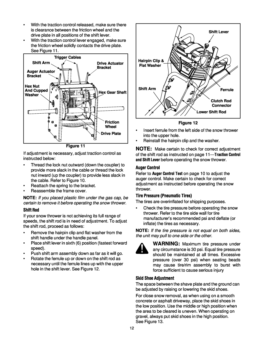 Troy-Bilt 13045 manual Shift Rod, Tire Pressure Pneumatic Tires, Skid Shoe Adjustment, Auger Control 