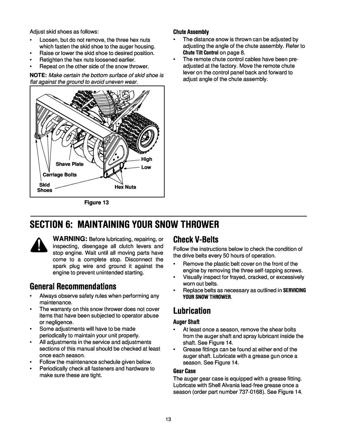 Troy-Bilt 13045 manual Maintaining Your Snow Thrower, General Recommendations, Check V-Belts, Lubrication, Chute Assembly 
