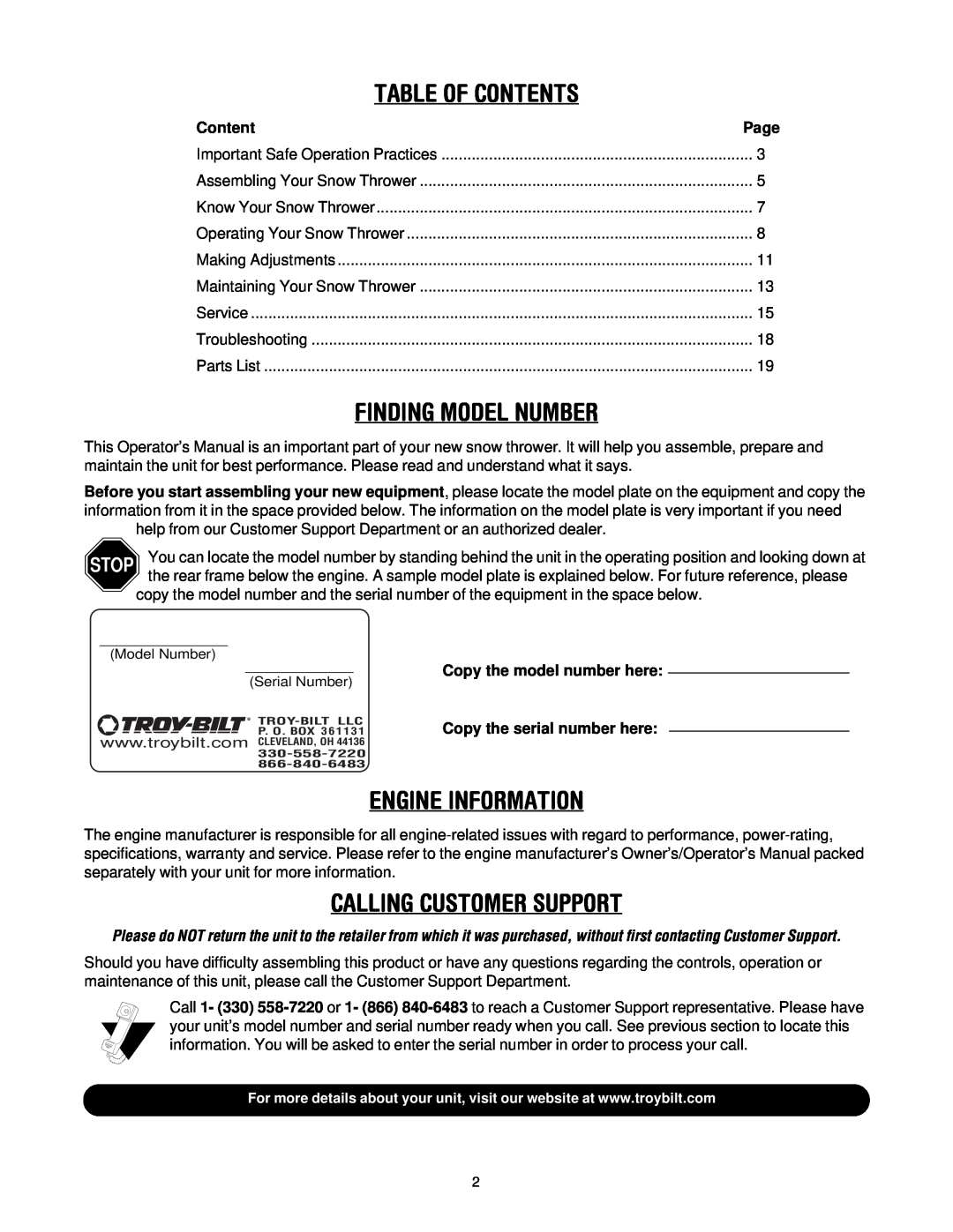 Troy-Bilt 13045 manual Table Of Contents, Finding Model Number, Engine Information, Calling Customer Support 