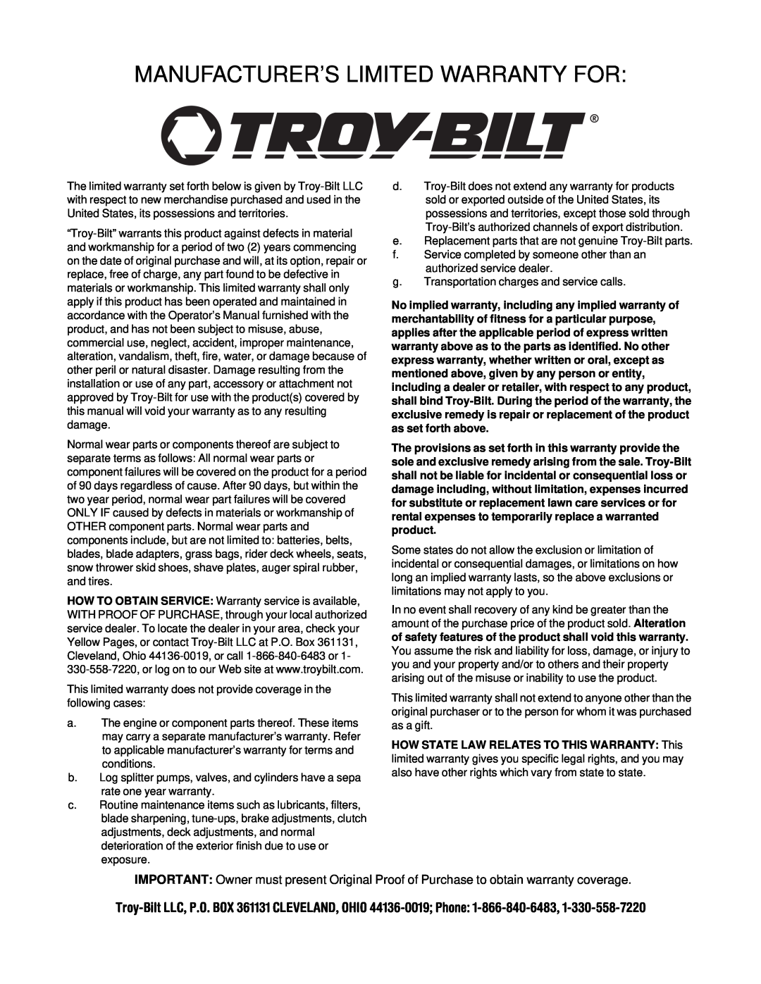 Troy-Bilt 13045 manual Manufacturer’S Limited Warranty For 