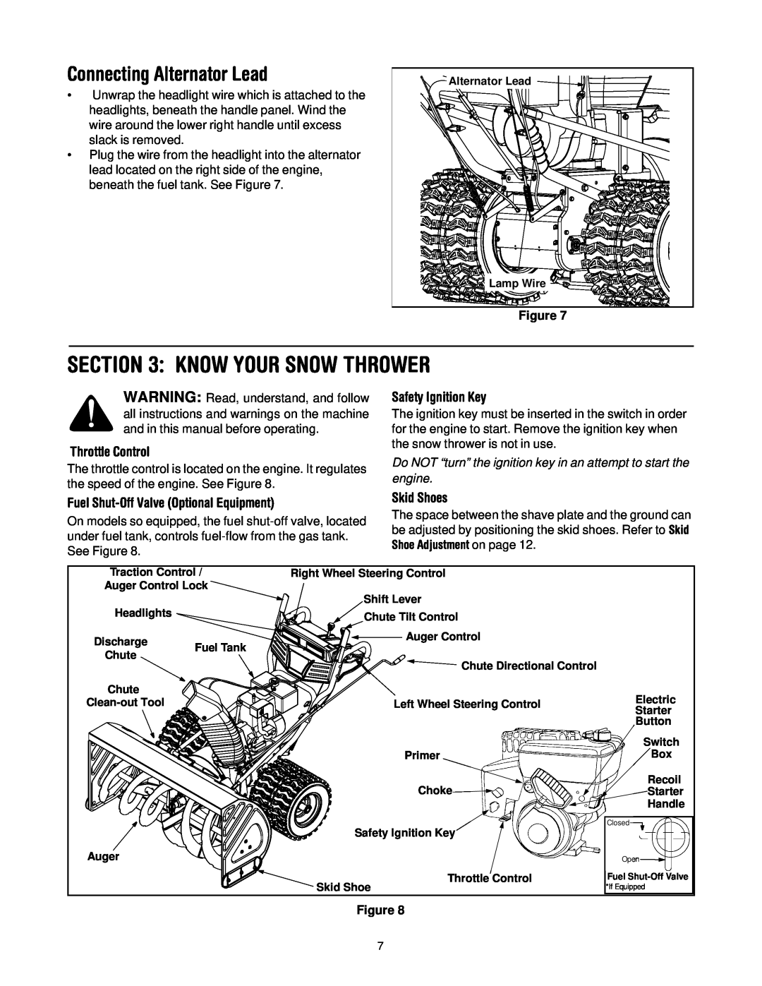 Troy-Bilt 13045 Know Your Snow Thrower, Connecting Alternator Lead, Throttle Control, Safety Ignition Key, Skid Shoes 