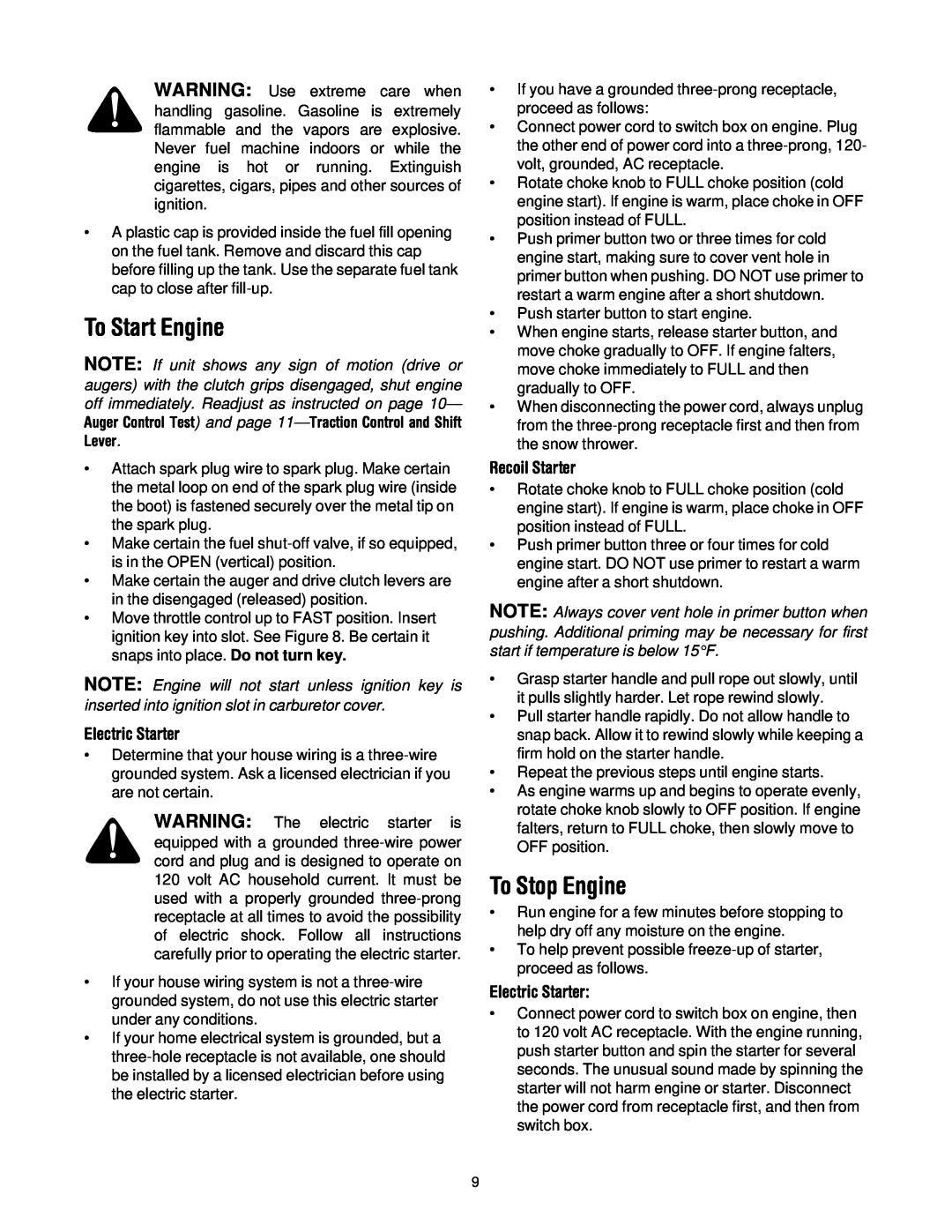 Troy-Bilt 13045 manual To Start Engine, To Stop Engine, Electric Starter, Recoil Starter 
