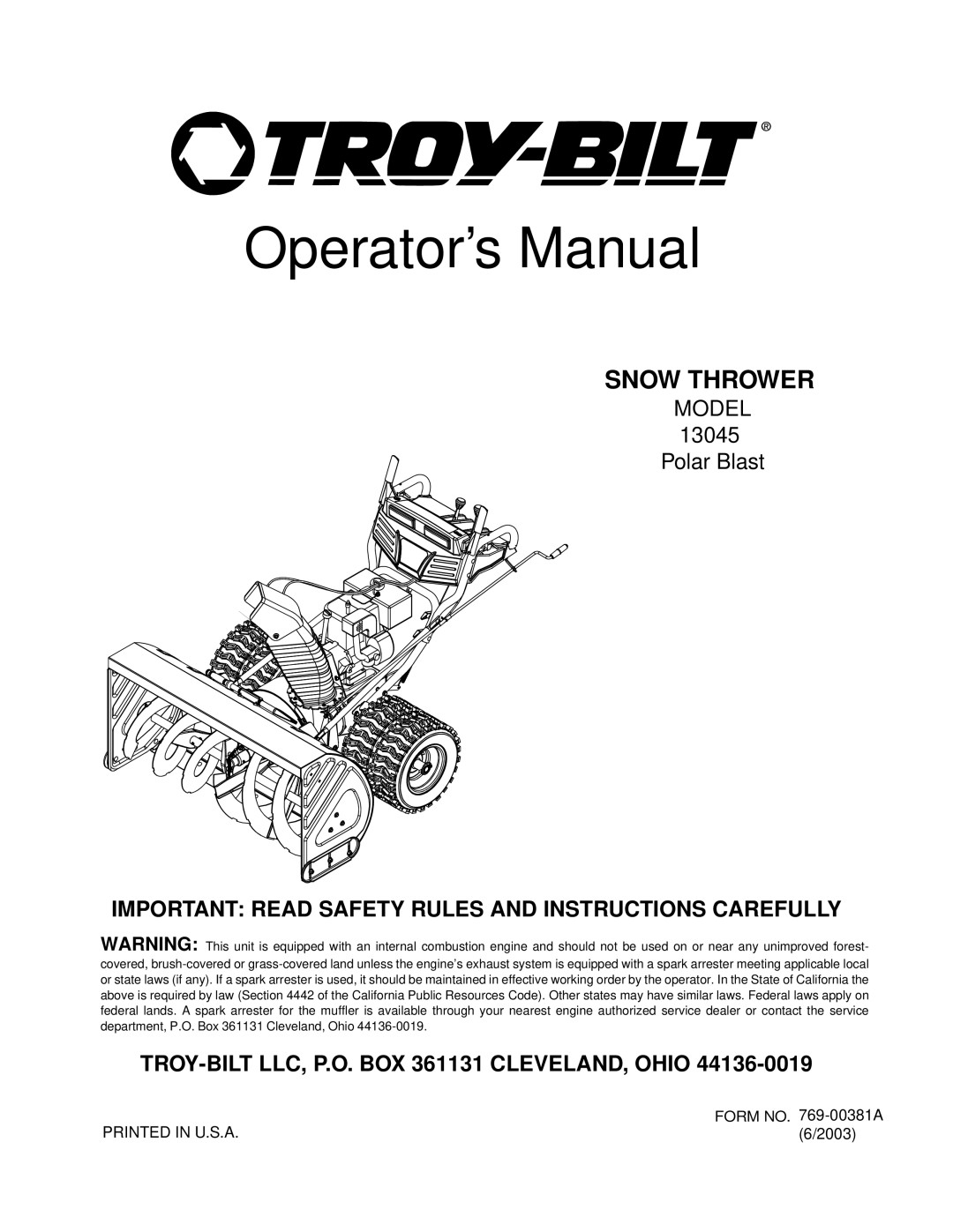 Troy-Bilt 13045 manual Operator’s Manual 