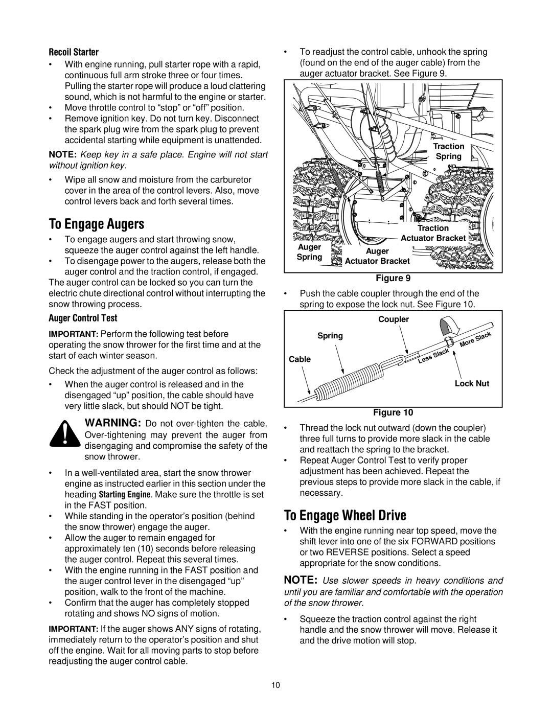 Troy-Bilt 13045 manual To Engage Augers, To Engage Wheel Drive, Auger Control Test 