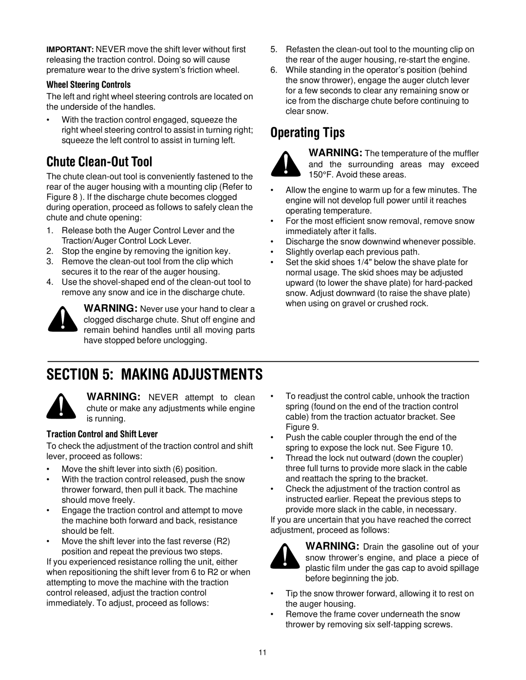 Troy-Bilt 13045 manual Chute Clean-Out Tool, Operating Tips, Traction Control and Shift Lever 