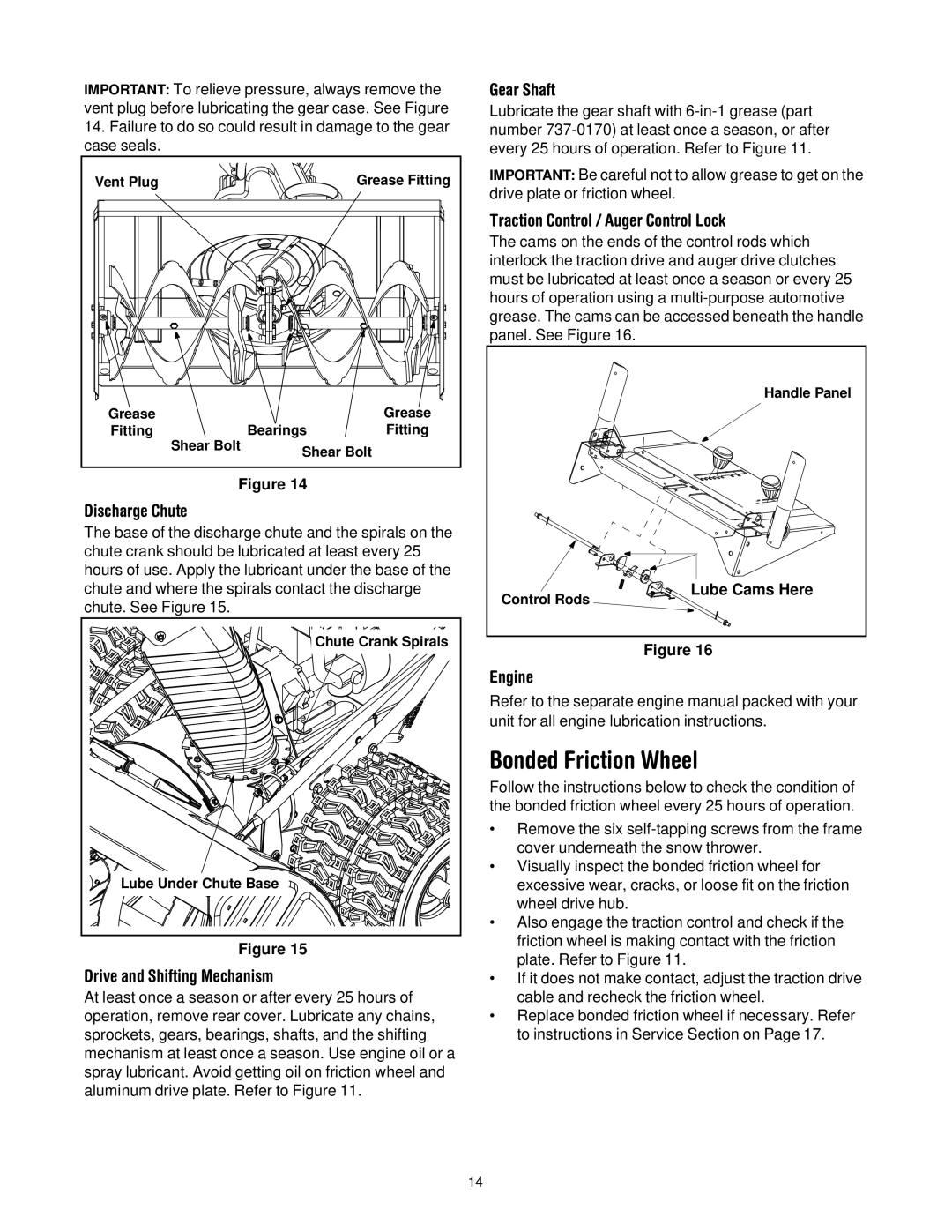 Troy-Bilt 13045 manual Bonded Friction Wheel, Discharge Chute, Drive and Shifting Mechanism, Gear Shaft, Engine 