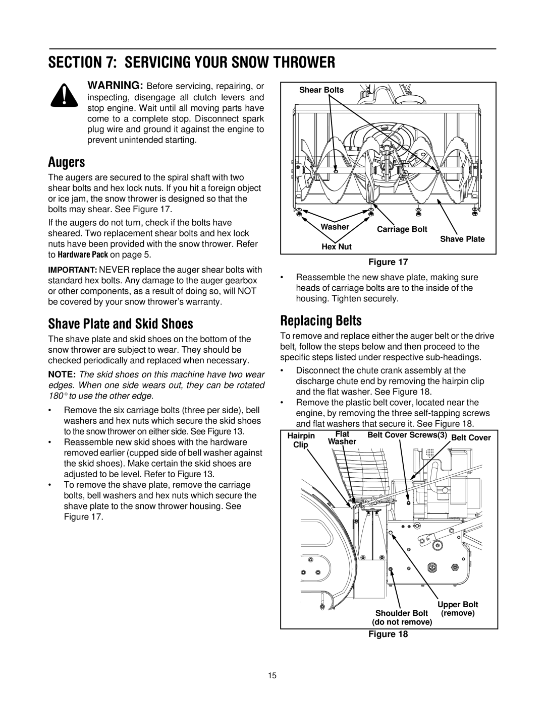 Troy-Bilt 13045 manual Servicing Your Snow Thrower, Augers, Shave Plate and Skid Shoes, Replacing Belts 