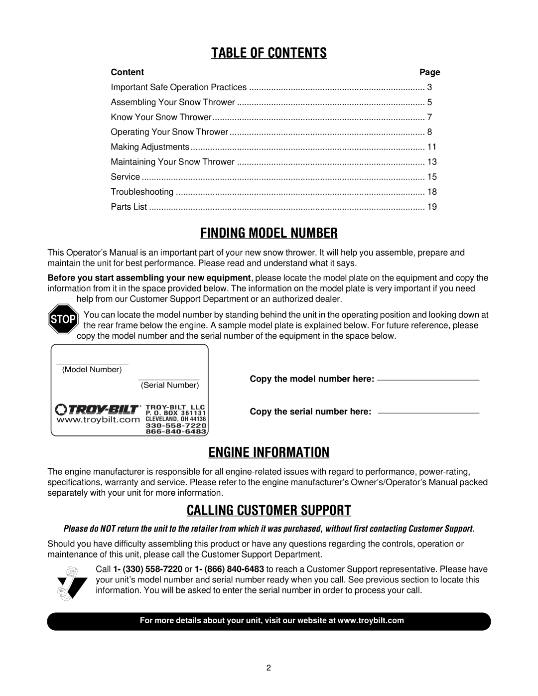 Troy-Bilt 13045 manual Table of Contents 