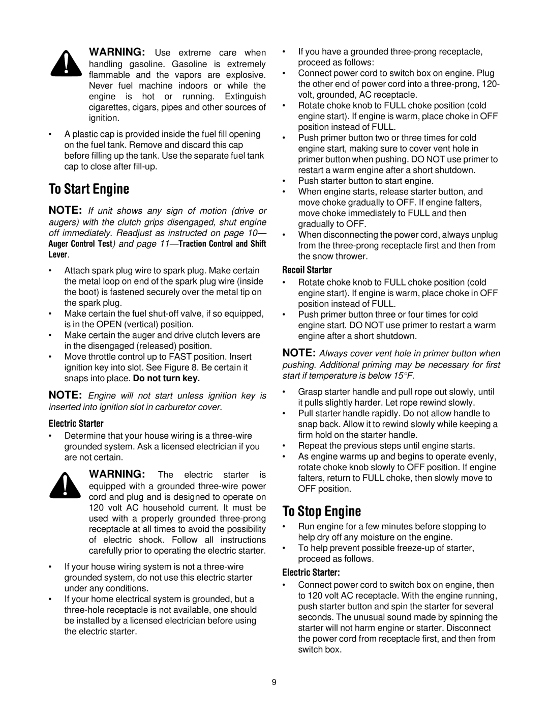 Troy-Bilt 13045 manual To Start Engine, To Stop Engine, Electric Starter, Recoil Starter 