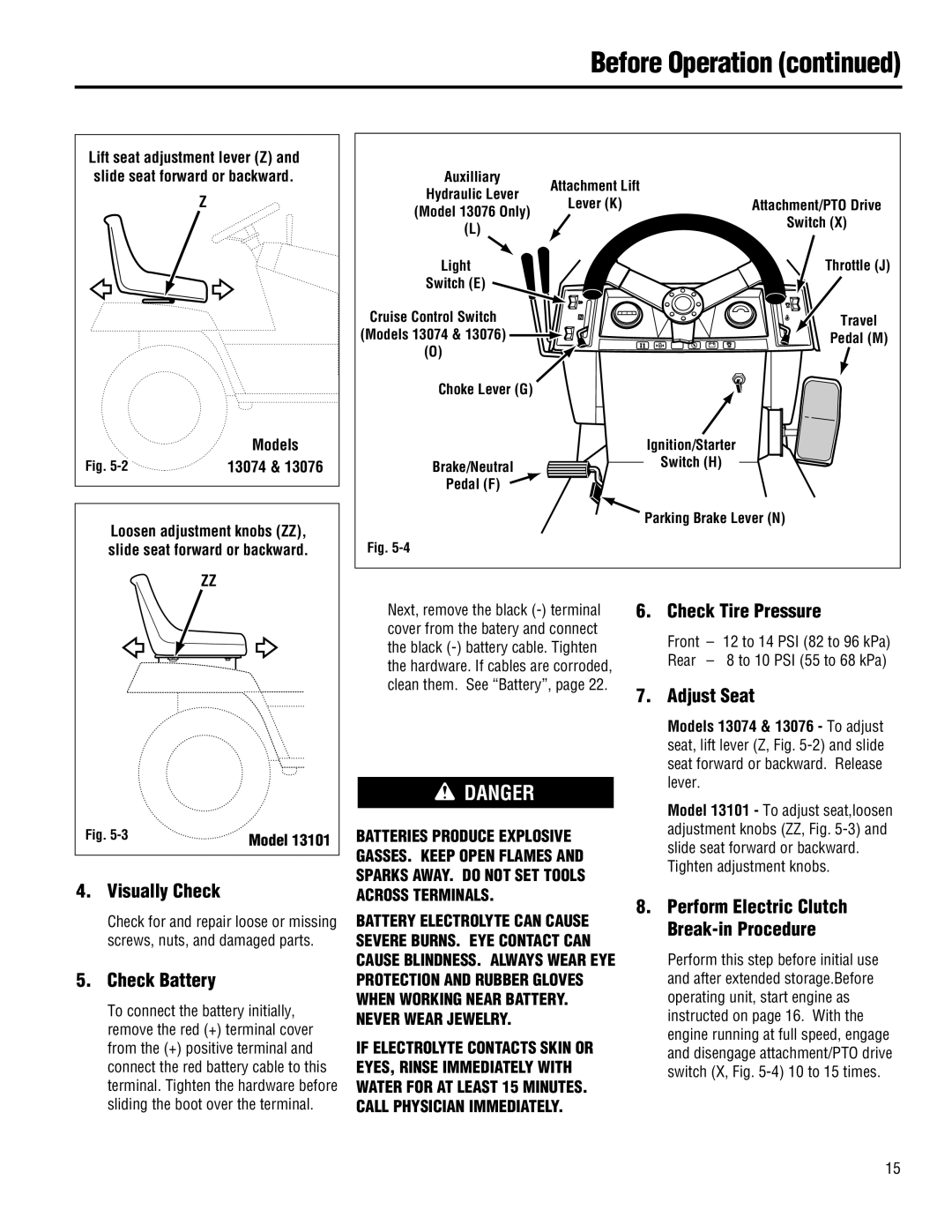 Troy-Bilt 13101-GTX 16, 13101 - GTX 16, 13074-GTX 18 manual Visually Check, Check Battery, Check Tire Pressure, Adjust Seat 