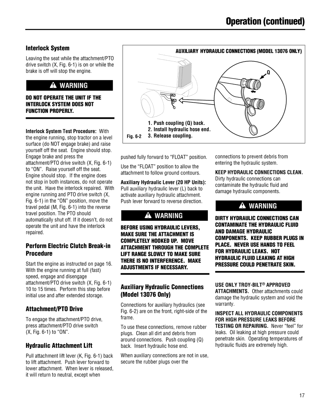 Troy-Bilt 13074-GTX 18, 13101-GTX 16 Interlock System, Perform Electric Clutch Break-in Procedure, Attachment/PTO Drive 