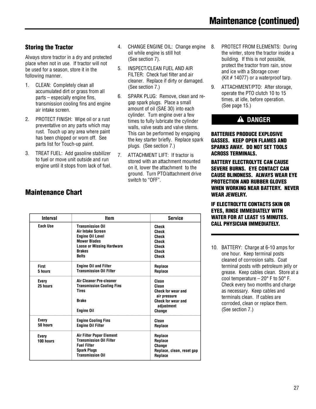 Troy-Bilt 13101-GTX 16, 13101 - GTX 16, 13074-GTX 18 manual Storing the Tractor, Interval Service 